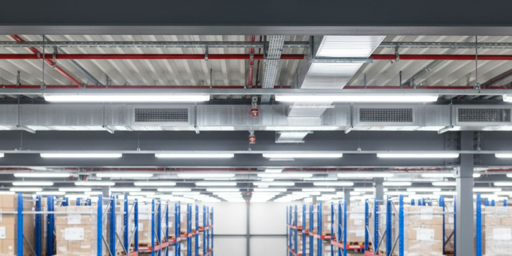 Innenansicht einer großen, modernen Logistikhalle mit extrem hohen, blauen Hochregalen, die bis zur Unterkante der Binder reichen. Ein Schmalgangstapler ist dabei, Paletten in eine obere Ebene zu befördern. Man sieht die gut ausgeleuchtete Deckenkonstruktion mit Dachbindern und technischen Installationen wie Sprinkleranlagen, die oberhalb der gelagerten Güter verlaufen. Das Bild verdeutlicht die maximale Ausnutzung der vertikalen Lagerfläche.